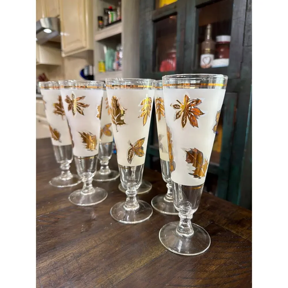 MCM Vintage 1960s Libbey Frosted Tom Collins Glass Gold Foliage Pattern 7